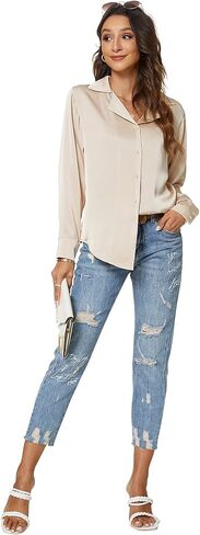 Riatobe Womens Long Sleeve Satin Silk Button Down Shirts Formal Work Office Casual Blouse Top in Kuwait