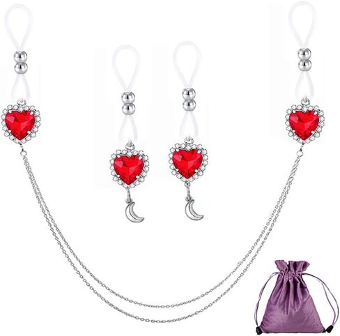 Heart Nipple Chain Noose Nipple Rings Clamps Non Piercing Nipple Body Jewelry Chain Breast Clamps for Sexual Pleasure 1 Set Red in Kuwait