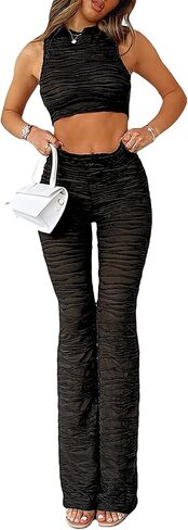 Qusuny قطعتين ملابس للنساء الصيف مثير بقماش شفاف انظر من خلال أكمام Bodycon المحاصيل الأعلى 2 قطعة فستان أطفال مع سروال داخلي بذلة in Kuwait