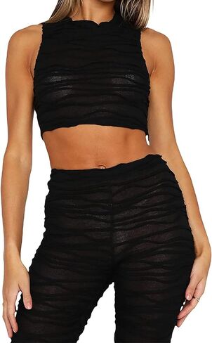 Qusuny قطعتين ملابس للنساء الصيف مثير بقماش شفاف انظر من خلال أكمام Bodycon المحاصيل الأعلى 2 قطعة فستان أطفال مع سروال داخلي بذلة in Kuwait