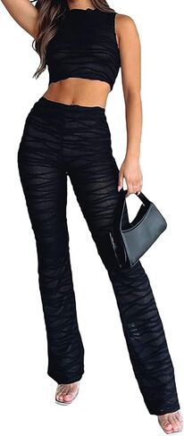 Qusuny قطعتين ملابس للنساء الصيف مثير بقماش شفاف انظر من خلال أكمام Bodycon المحاصيل الأعلى 2 قطعة فستان أطفال مع سروال داخلي بذلة in Kuwait