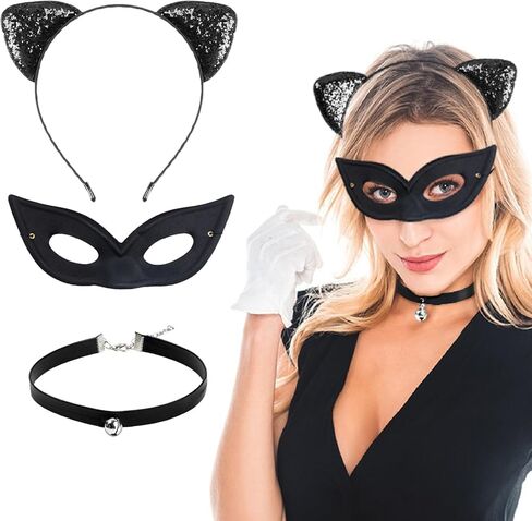 Cat Ear Headband with Cat Mask Black Neck Choker, Glitter Halloween Cat Themed Cosplay Party Accessory for Girls and Women in Kuwait