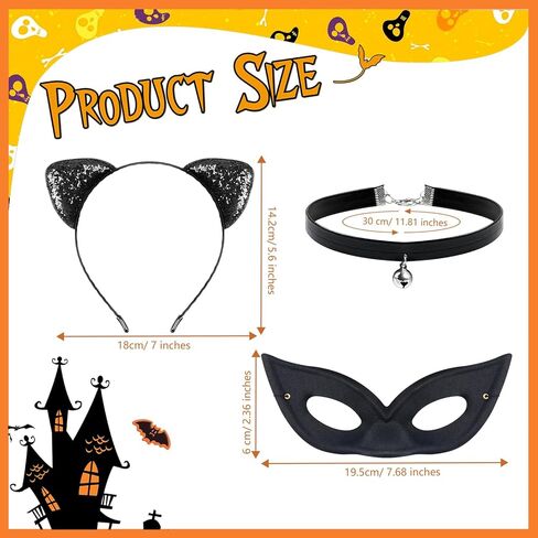 Cat Ear Headband with Cat Mask Black Neck Choker, Glitter Halloween Cat Themed Cosplay Party Accessory for Girls and Women in Kuwait