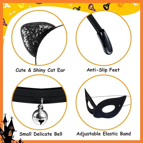 Cat Ear Headband with Cat Mask Black Neck Choker, Glitter Halloween Cat Themed Cosplay Party Accessory for Girls and Women in Kuwait