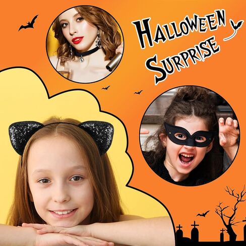 Cat Ear Headband with Cat Mask Black Neck Choker, Glitter Halloween Cat Themed Cosplay Party Accessory for Girls and Women in Kuwait