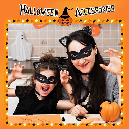 Cat Ear Headband with Cat Mask Black Neck Choker, Glitter Halloween Cat Themed Cosplay Party Accessory for Girls and Women in Kuwait