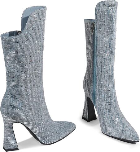 BECKNAD حذاء طويل للركبة نسائي من حجر الراين حذاء عريض للساق للنساء بمقدمة مدببة وكعب مكتنز 10.5 سم حذاء لامع للنساء in Kuwait