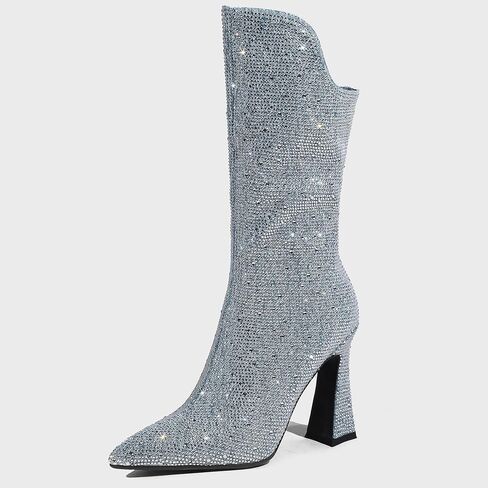 BECKNAD حذاء طويل للركبة نسائي من حجر الراين حذاء عريض للساق للنساء بمقدمة مدببة وكعب مكتنز 10.5 سم حذاء لامع للنساء in Kuwait
