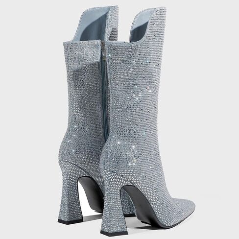 BECKNAD حذاء طويل للركبة نسائي من حجر الراين حذاء عريض للساق للنساء بمقدمة مدببة وكعب مكتنز 10.5 سم حذاء لامع للنساء in Kuwait