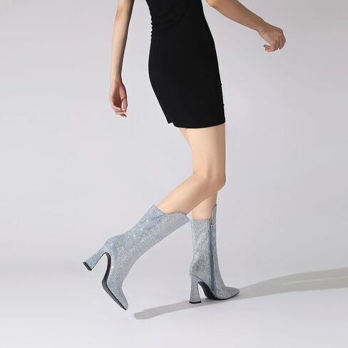 BECKNAD حذاء طويل للركبة نسائي من حجر الراين حذاء عريض للساق للنساء بمقدمة مدببة وكعب مكتنز 10.5 سم حذاء لامع للنساء in Kuwait