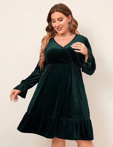 KOJOOIN Women's Plus Size Velvet Dress Wrap V Neck Swing Dress Long Sleeve Cocktail Party Dress Dark Green 2XL in Kuwait