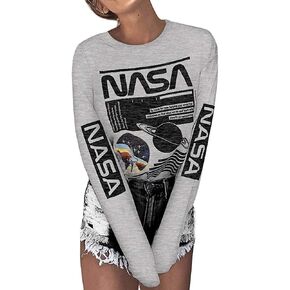 Yuan Long Sleeve NASA Letter Print Shirt Space Graphic Tee Novelty T-Shirts Pullover Sweatshirt Tops for Women