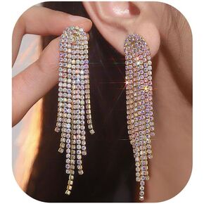 Rhinestone Tassel Earrings Sparkly Long Fringe Crystal Chandelier Dangle Drop Earrings Wedding Party Prom Earrings Premium Iridescent Earrings Wedding Party Jewelry Gifts for Women Girls