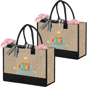 Sanwuta 2 Pcs Best Teacher Christmas Birthday Gift Rainbow Jute Canvas Tote Appreciation Thank You Gift for Women