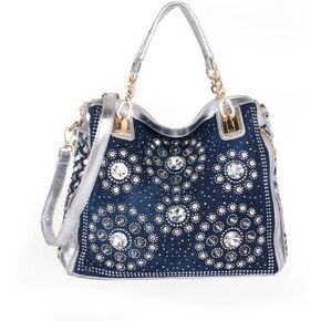 Denim Women Shoulder Bag Crystal Rhinestone Purse Handbag Jeans Crossbody Bag Ladies Tote Bag