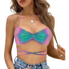 Haoohu Women's Reflective Crop Top Metallic Shiny Club Tank Top Vest Festival Rave Outfits