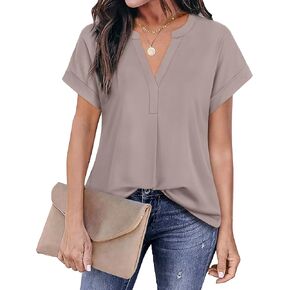 بلوزات عمل نسائية بأكمام قصيرة من Gaharu ورقبة على شكل حرف V وقمصان تونيك كاجوال للعمل in Kuwait