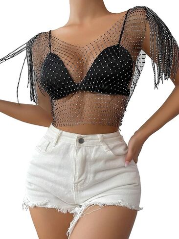 SweatyRocks Women's Sleeveless Fringe Trim Chains Rhinestone Mesh Tank Tops Sheer Crop Top Without Bra in Saudi Arabia
