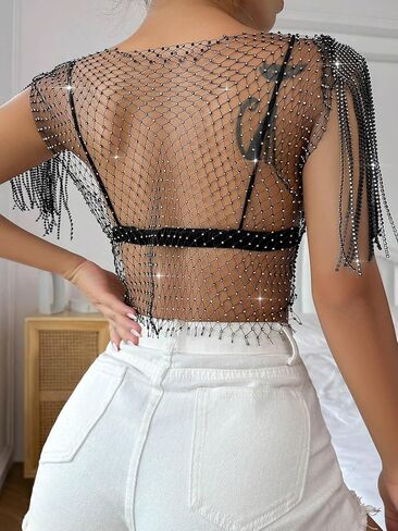 SweatyRocks Women's Sleeveless Fringe Trim Chains Rhinestone Mesh Tank Tops Sheer Crop Top Without Bra in Saudi Arabia