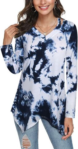 بولوتس قميص تونيك كاجوال منقوش باكمام 3/4 ورقبة على شكل حرف V للنساء in Kuwait