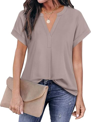 بلوزات عمل نسائية بأكمام قصيرة من Gaharu ورقبة على شكل حرف V وقمصان تونيك كاجوال للعمل in Kuwait