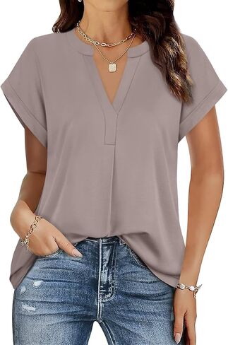 بلوزات عمل نسائية بأكمام قصيرة من Gaharu ورقبة على شكل حرف V وقمصان تونيك كاجوال للعمل in Kuwait