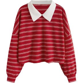 SweatyRocks Women's Casual Long Sleeve Striped Tee Top Collar Neck T-Shirt