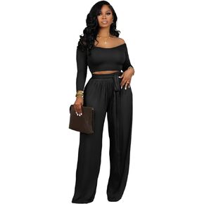 Acelyn 2 قطعة ملابس للنساء مثير كم طويل مضلع المحاصيل الأعلى بنطال ذو قصة أرجل واسعة تجريب مجموعة رياضية in Kuwait