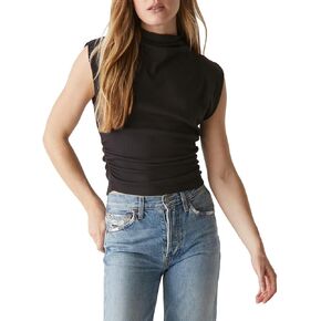 Michael Stars Womens Amara Mock Neck Ribbed Powershoulder Top