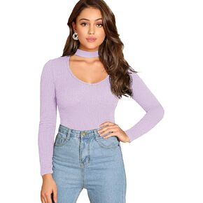 Floerns Women's Choker Neck Cutout Keyhole Sexy Long Sleeve Tee Shirts Tops