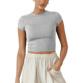 BAIGRAM Women Slim Fit Cap Sleeve Round Neck Crop Tee Top Basic Solid Form Fitting Stretchy Tshirt Summer Baby Tee