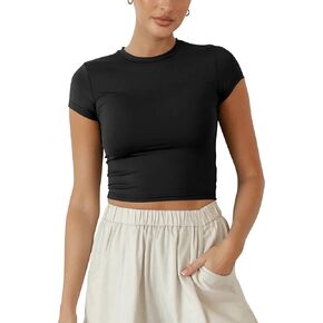BAIGRAM Women Slim Fit Cap Sleeve Round Neck Crop Tee Top Basic Solid Form Fitting Stretchy Tshirt Summer Baby Tee