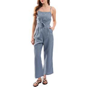 Amazhiyu Womens Pure Linen Casual Summer Sleeveless Front Tie Jumpsuits with Pockets