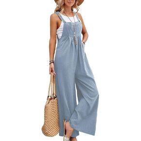 Bozanly Women's Baggy Wide Leg Overalls Summer Cotton Linen Loose Fit Bib Jumpsuit with Pockets