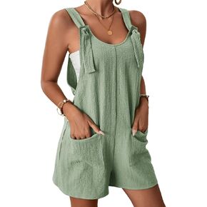 Hvewarm Women Summer Linen Overalls Shorts Loose Fit Sleeveless Knot Strap Cotton Short Romper Jumpsuits with Pockets