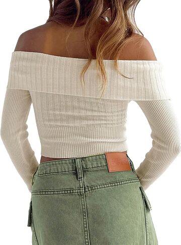 Women Fairy Grunge Knitted Crop Tops Y2k Off Shoulder Flower Shirt Solid Color Slim Fit Blouses Aesthetic Clothes in Kuwait