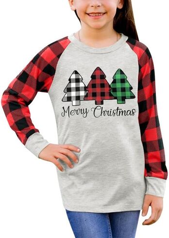 BesserBay Christmas Girls Funny Plaid Raglan Long Sleeve Shirt 4-14 Years in Kuwait