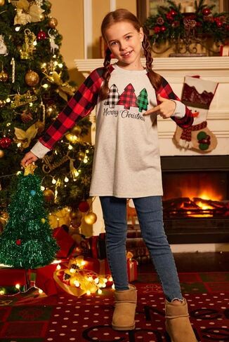 BesserBay Christmas Girls Funny Plaid Raglan Long Sleeve Shirt 4-14 Years in Kuwait