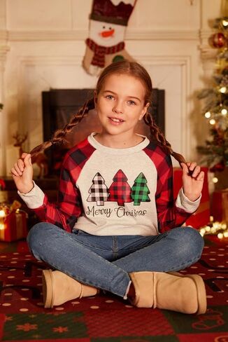 BesserBay Christmas Girls Funny Plaid Raglan Long Sleeve Shirt 4-14 Years in Kuwait