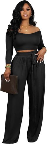 Acelyn 2 قطعة ملابس للنساء مثير كم طويل مضلع المحاصيل الأعلى بنطال ذو قصة أرجل واسعة تجريب مجموعة رياضية in Kuwait