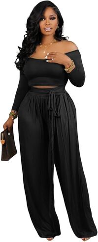 Acelyn 2 قطعة ملابس للنساء مثير كم طويل مضلع المحاصيل الأعلى بنطال ذو قصة أرجل واسعة تجريب مجموعة رياضية in Kuwait