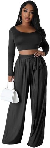 Acelyn 2 قطعة ملابس للنساء مثير كم طويل مضلع المحاصيل الأعلى بنطال ذو قصة أرجل واسعة تجريب مجموعة رياضية in Kuwait