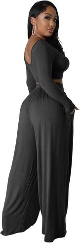 Acelyn 2 قطعة ملابس للنساء مثير كم طويل مضلع المحاصيل الأعلى بنطال ذو قصة أرجل واسعة تجريب مجموعة رياضية in Kuwait