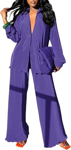 Neyaolk Women Pleated 2 Piece Pants Outfits Casual Loose Button Shirt Blouse Top Long Wide Leg Palazzo Pants Set Jumpsuit in Kuwait