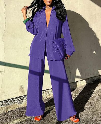Neyaolk Women Pleated 2 Piece Pants Outfits Casual Loose Button Shirt Blouse Top Long Wide Leg Palazzo Pants Set Jumpsuit in Kuwait