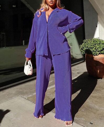 Neyaolk Women Pleated 2 Piece Pants Outfits Casual Loose Button Shirt Blouse Top Long Wide Leg Palazzo Pants Set Jumpsuit in Kuwait