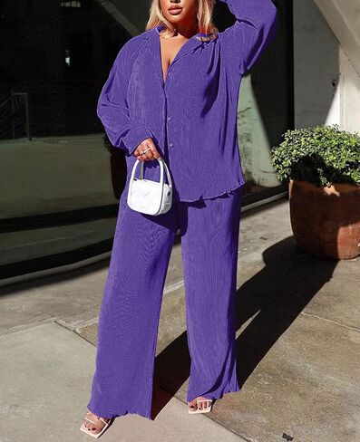 Neyaolk Women Pleated 2 Piece Pants Outfits Casual Loose Button Shirt Blouse Top Long Wide Leg Palazzo Pants Set Jumpsuit in Kuwait