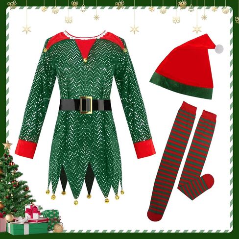 زي Farochy Christmas Elf للأطفال - زي قزم الطفل مع حزام قبعة قزم وجوارب مخططة زي سانتا المساعد in Kuwait