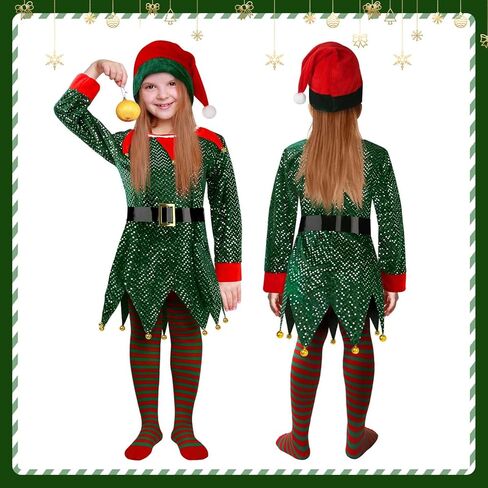 زي Farochy Christmas Elf للأطفال - زي قزم الطفل مع حزام قبعة قزم وجوارب مخططة زي سانتا المساعد in Kuwait