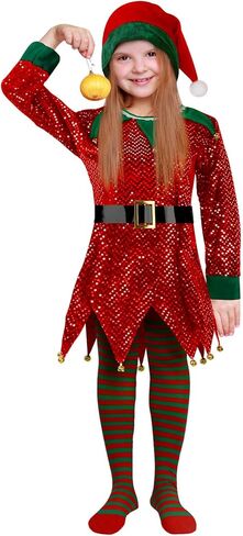 زي Farochy Christmas Elf للأطفال - زي قزم الطفل مع حزام قبعة قزم وجوارب مخططة زي سانتا المساعد in Kuwait